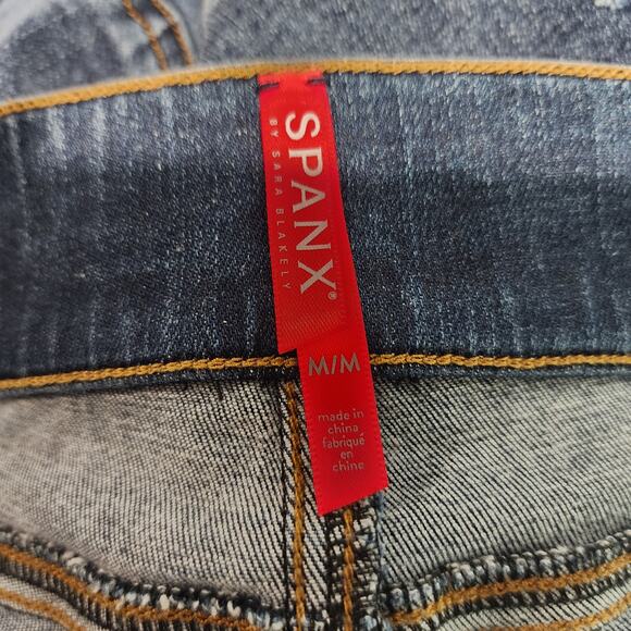Spanx Pull On Skinny Jeans Women's MEDIUM Distressed Raw Hem Stretch Denim Pants - Picture 7 of 9